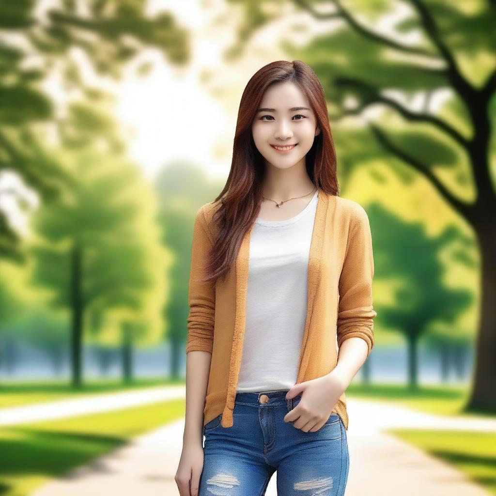 Create an image of a nice girl with a friendly smile, wearing casual clothes and standing in a park