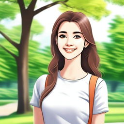 Create an image of a nice girl with a friendly smile, wearing casual clothes and standing in a park