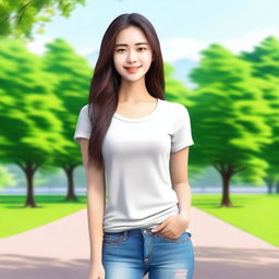 Create an image of a nice girl with a friendly smile, wearing casual clothes and standing in a park