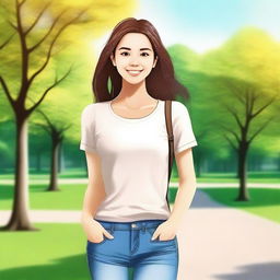 Create an image of a nice girl with a friendly smile, wearing casual clothes and standing in a park