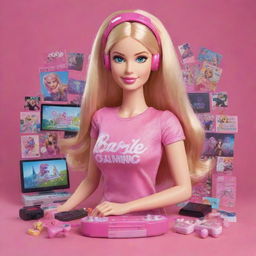 Illustrative interpretation of Barbie presented as a modern gamer girl with the title 'Barbie Gaming' creatively integrated.