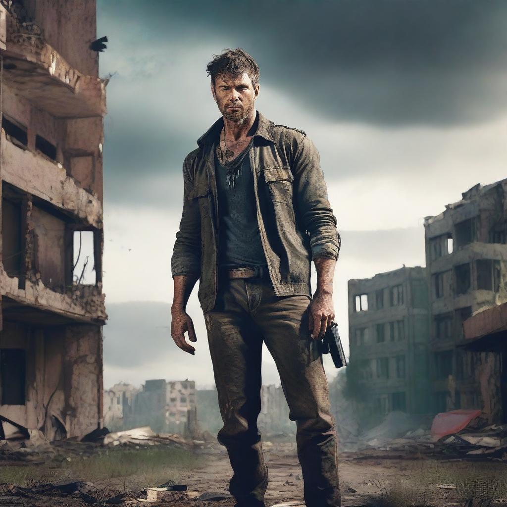 A handsome man standing confidently in a post-apocalyptic world