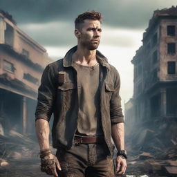 A handsome man standing confidently in a post-apocalyptic world