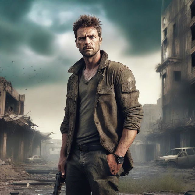 A handsome man standing confidently in a post-apocalyptic world