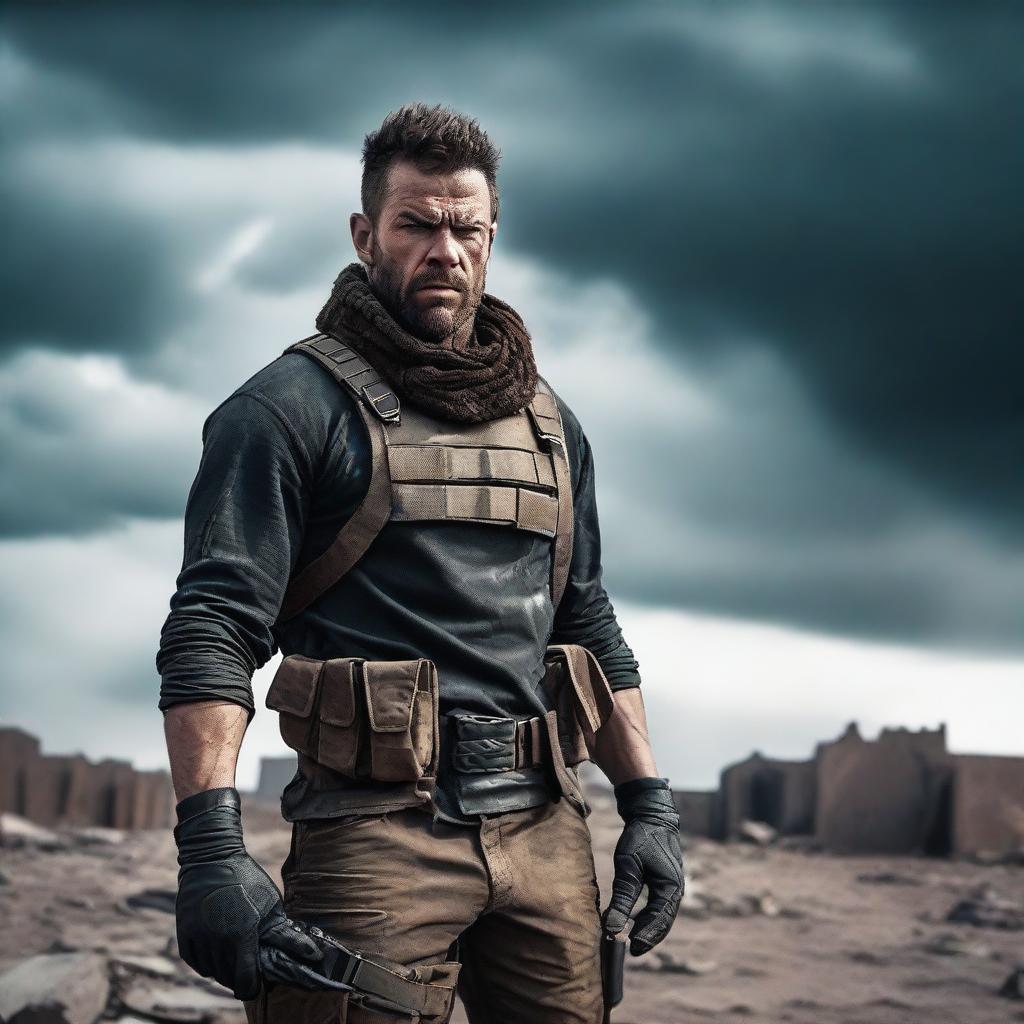 A handsome man with rugged features, dressed as a mercenary in a post-apocalyptic world