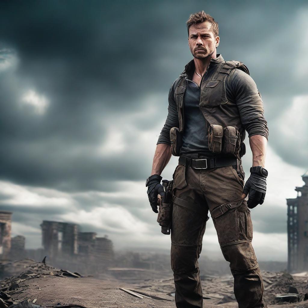 A handsome man with rugged features, dressed as a mercenary in a post-apocalyptic world