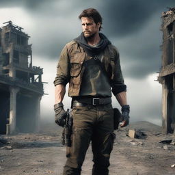 A handsome man with rugged features, dressed as a mercenary in a post-apocalyptic world