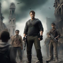 A handsome man, dressed as a mercenary, stands protectively in front of a group of children during an apocalyptic scenario