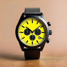 A black wristwatch with yellow numbers on the bezel and a yellow clock face