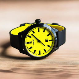 A black wristwatch with yellow numbers on the bezel and a yellow clock face