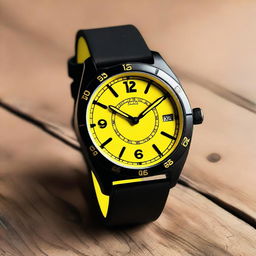 A black wristwatch with yellow numbers on the bezel and a yellow clock face