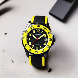 A black wristwatch with yellow numbers on the bezel and a yellow clock face