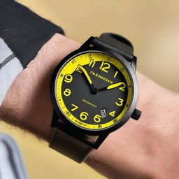 A black wristwatch with yellow numbers on the bezel and a yellow clock face