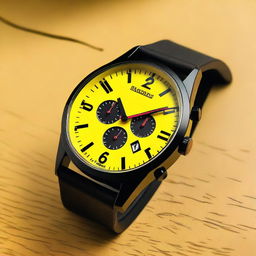 A black wristwatch with yellow numbers on the bezel and a yellow clock face