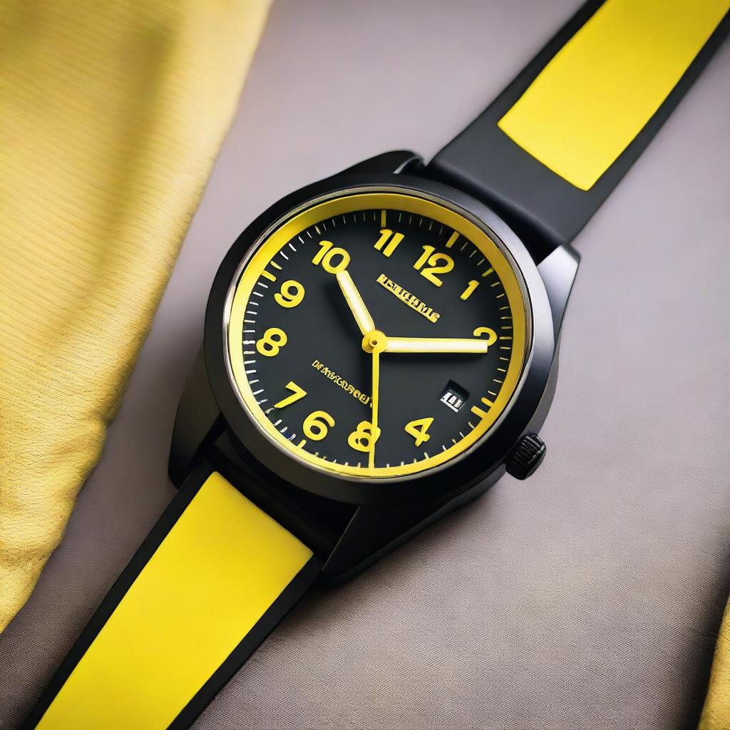 A black wristwatch with yellow numbers on the bezel and a yellow clock face