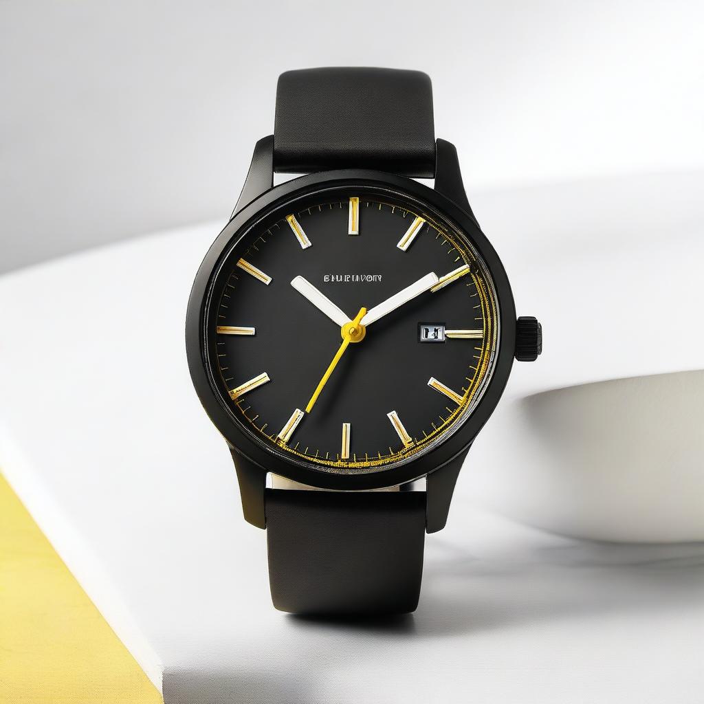 A wristwatch with a black bezel and a black clock face