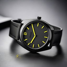 A wristwatch with a black bezel and a black clock face