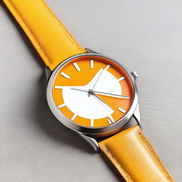 A wristwatch featuring an orange clock face with white hour and minute hands, and a yellow second hand