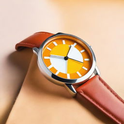 A wristwatch featuring an orange clock face with white hour and minute hands, and a yellow second hand