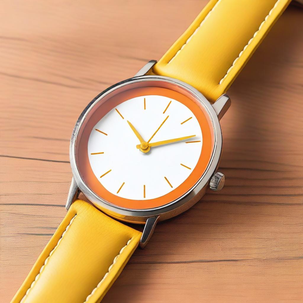 A wristwatch featuring an orange clock face with white hour and minute hands, and a yellow second hand