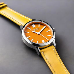 A wristwatch featuring an orange clock face with white hour and minute hands, and a yellow second hand