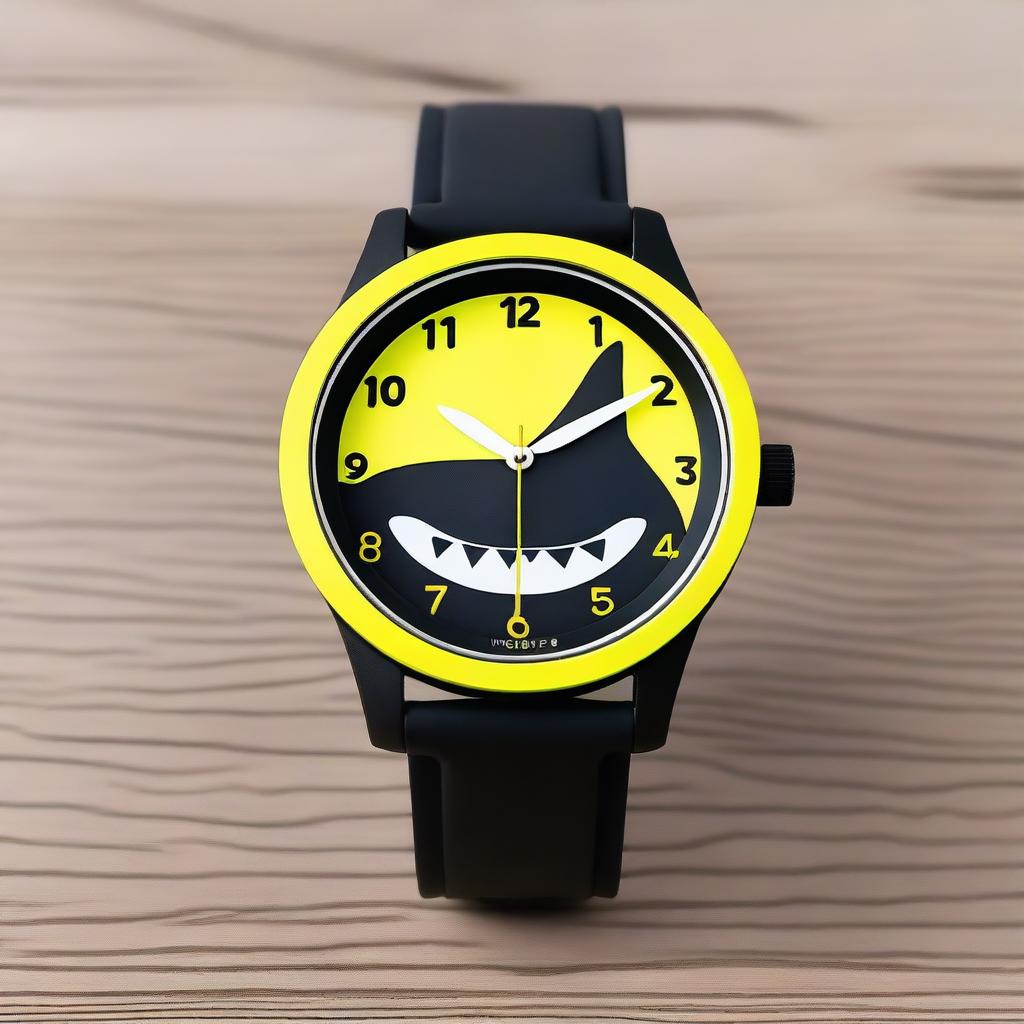 A wristwatch with a black clock face featuring white hour and minute hands, and a yellow second hand that has a small shark design