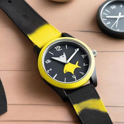 A wristwatch with a black clock face featuring white hour and minute hands, and a yellow second hand that has a small shark design