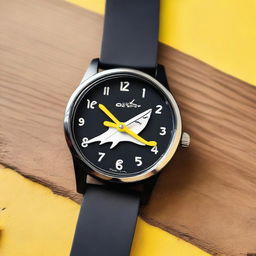 A wristwatch with a black clock face featuring white hour and minute hands, and a yellow second hand that has a small shark design