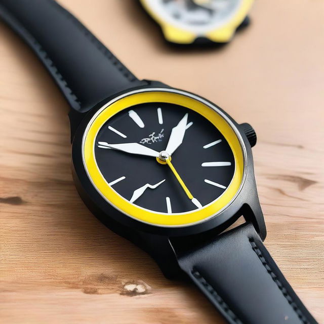 A wristwatch with a black clock face featuring white hour and minute hands, and a yellow second hand that has a small shark design