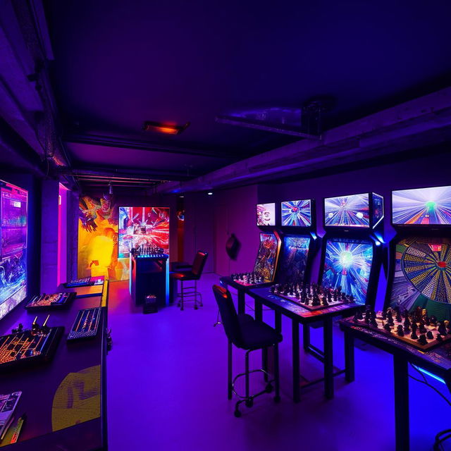 A 200m2 apartment converted into a comprehensive gaming center, consisting of 20 PlayStation consoles, 30 computers, 6 darts boards, a room for chess, and a 20m2 balcony equipped with high tables.