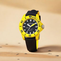 A diver's wristwatch with a black clock face featuring white hour and minute hands, and a yellow second hand that has a small shark design