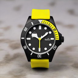 A diver's wristwatch with a black clock face featuring white hour and minute hands, and a yellow second hand that has a small shark design