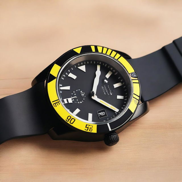 A diver's wristwatch with a black clock face featuring white hour and minute hands, and a yellow second hand that has a small shark design