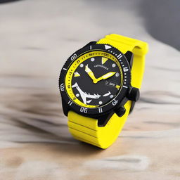 A diver's wristwatch with a black clock face featuring white hour and minute hands, and a yellow second hand that has a small shark design