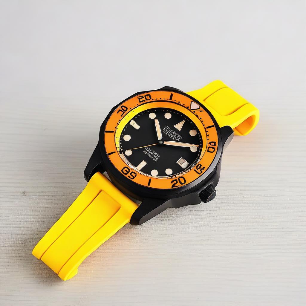 A diver's wristwatch with an orange clock face featuring black hour and minute hands, and a yellow second hand