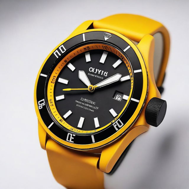 A diver's wristwatch with an orange clock face featuring black hour and minute hands, and a yellow second hand