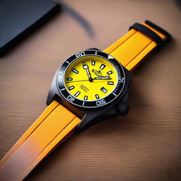 A diver's wristwatch with an orange clock face featuring black hour and minute hands, and a yellow second hand