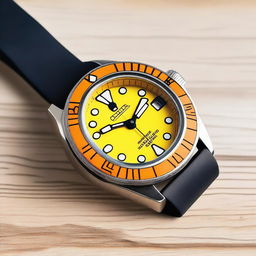 A diver's wristwatch with an orange clock face featuring black hour and minute hands, and a yellow second hand