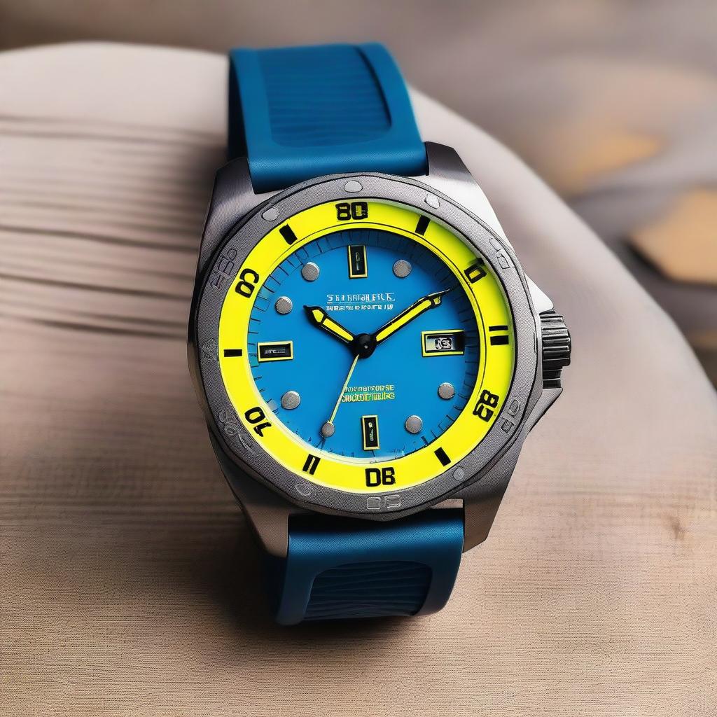 A diver's wristwatch with a blue clock face featuring grey luminous hour and minute hands, and a yellow second hand