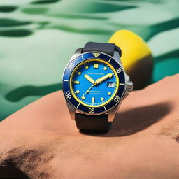 A diver's wristwatch with a blue clock face featuring grey luminous hour and minute hands, and a yellow second hand