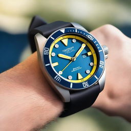 A diver's wristwatch with a blue clock face featuring grey luminous hour and minute hands, and a yellow second hand