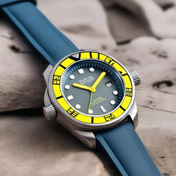 A diver's wristwatch with a blue clock face featuring grey luminous hour and minute hands, and a yellow second hand