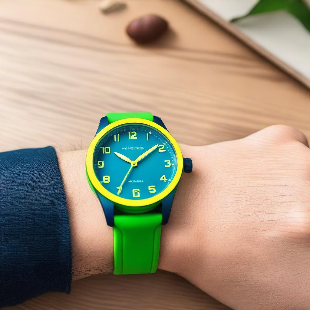 A wristwatch with a blue clock face featuring yellow luminous hour and minute hands, and a green second hand