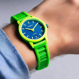 A wristwatch with a blue clock face featuring yellow luminous hour and minute hands, and a green second hand