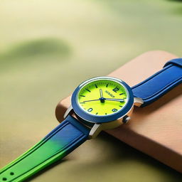 A wristwatch with a blue clock face featuring yellow luminous hour and minute hands, and a green second hand