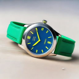 A wristwatch with a blue clock face featuring yellow luminous hour and minute hands, and a green second hand