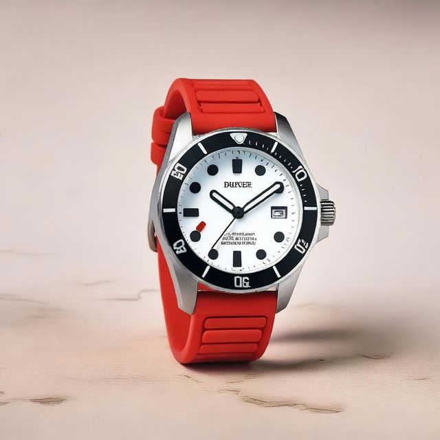 A diver's wristwatch with a white clock face featuring black luminous hour and minute hands, and a red second hand