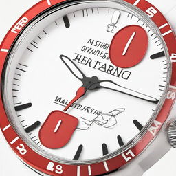 A diver's wristwatch with a white clock face featuring black luminous hour and minute hands, and a red second hand