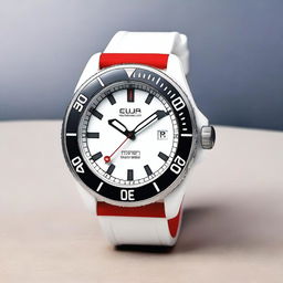 A diver's wristwatch with a white clock face featuring black luminous hour and minute hands, and a red second hand