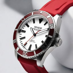 A diver's wristwatch with a white clock face featuring black luminous hour and minute hands, and a red second hand